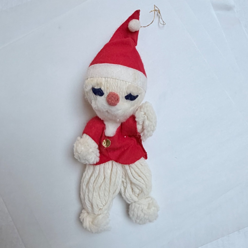 Vintage Christmas Yarn Doll Santa Ornament Red Felt Made in Japan Mid Century